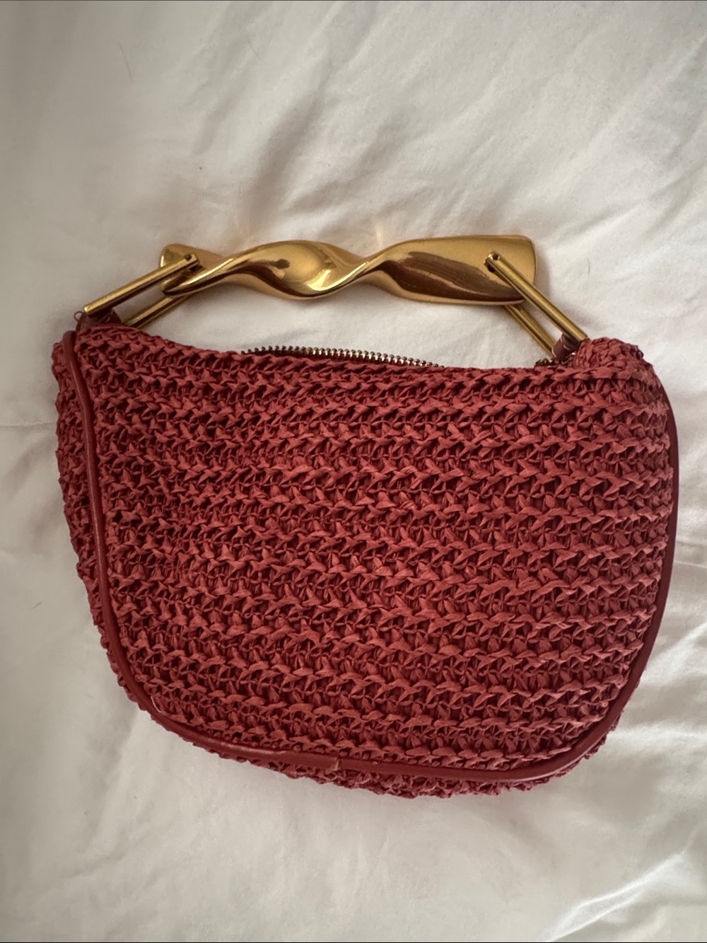 Zara Woven Straw-Style Crochet Shoulder Bag with Gold Handle - Rust